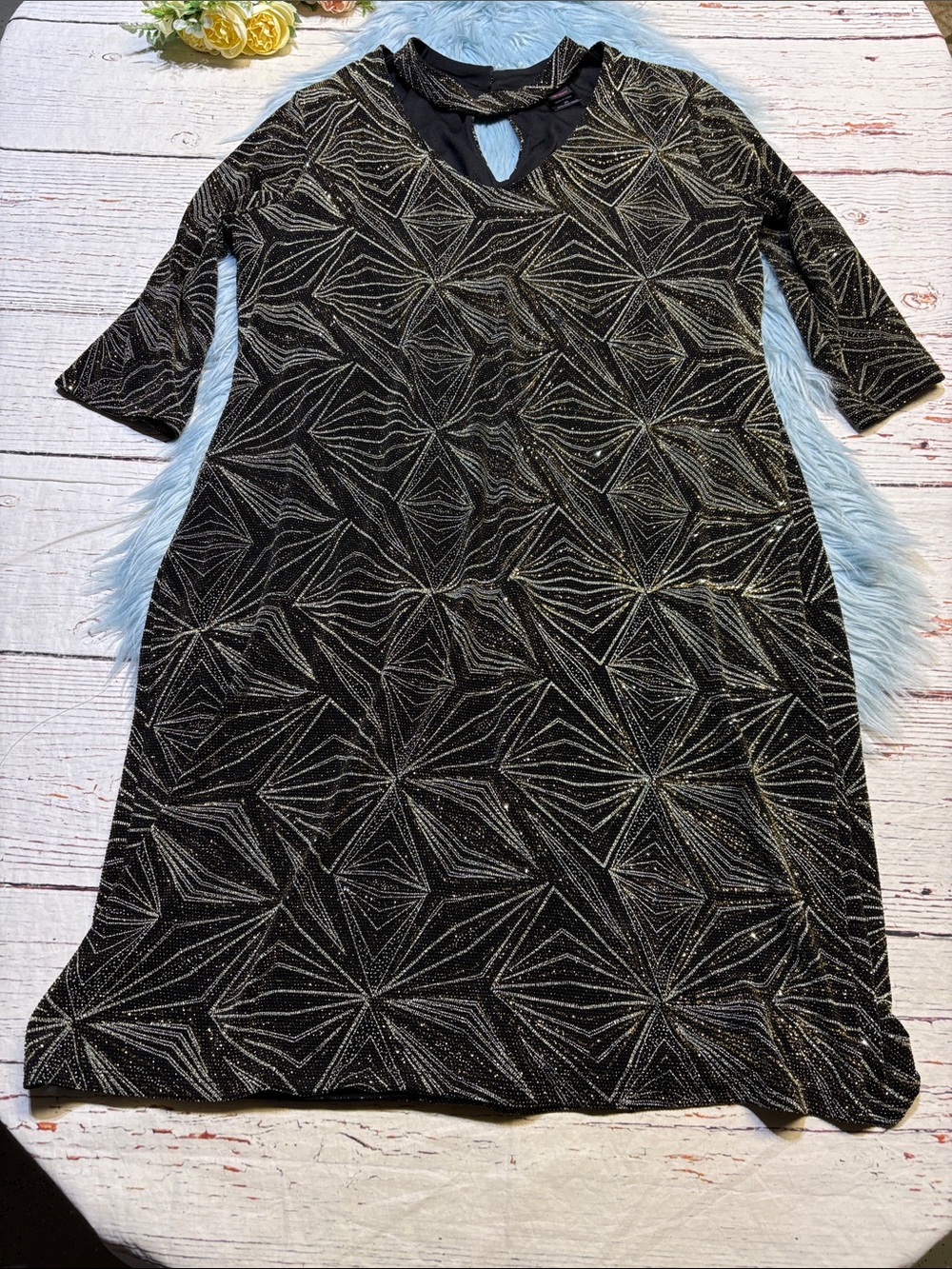 Wrapper Black Dress with Gold Geometric Sparkle sz 2X